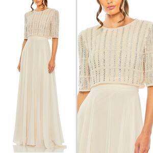 NWT Mac Duggal Dress Gown Beaded Sequin Ruffle Maxi Long Beige Nude Tan Chiffon